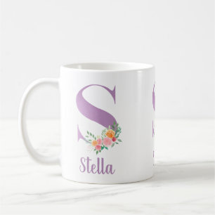 S Monogramm Lila Floral Wasserfarbe Personalisiert Kaffeetasse