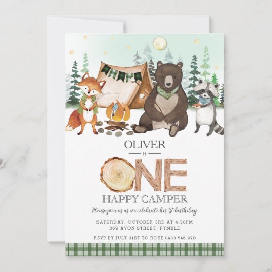 S more Camping Bonfire Woodland One Happy Camper Einladung (Vorderseite)