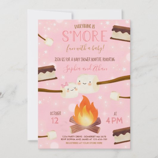 S more Pink Girl Bonfire Babydusche Einladung (Vorderseite)