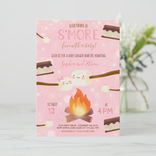 S more Pink Girl Bonfire Babydusche Einladung (Stehend Vorderseite)