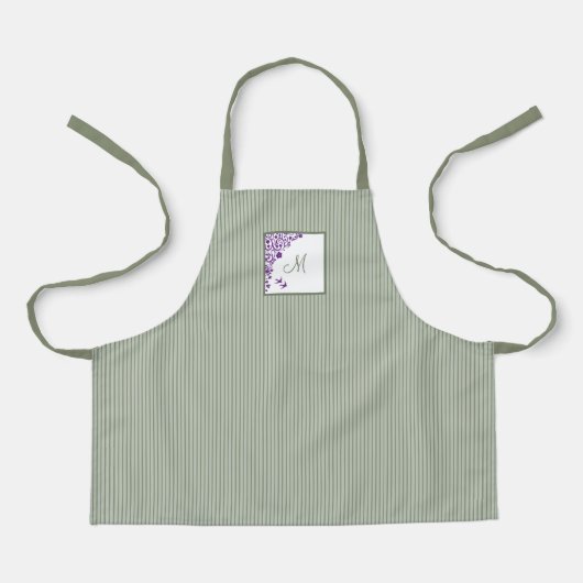 S Sage Green Strip Lila Blumenzellenschrift Monogr Schürze (Vorderseite)