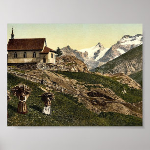 Saas Fee, Kirche und Rimpfischhorn, Wallis, Alpen Poster