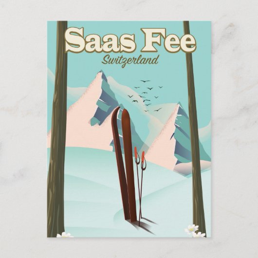 Saas Fee Ski Reiseplakat drucken Postkarte (Vorderseite)