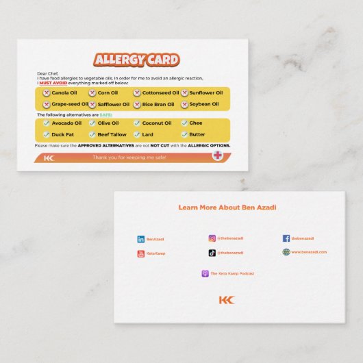 Saatöl-Allergiekarte Mitteilungskarte (Vorne/Hinten)