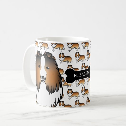 Sable Cartoon Sheltie mit Hundeknochen und Namen Kaffeetasse (Vorderseite Links)