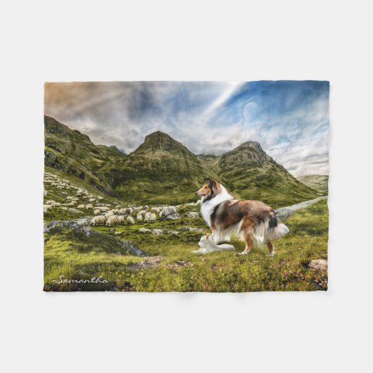 Sable Rough Collie Herding Sheep - Personalisiert Fleecedecke (Vorderseite (Horizontal))