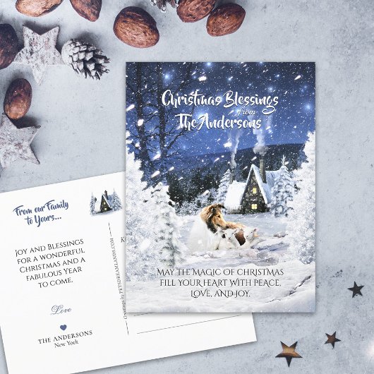 Sable Rough Collie & Lamb, Magic White Christmas - Postkarte