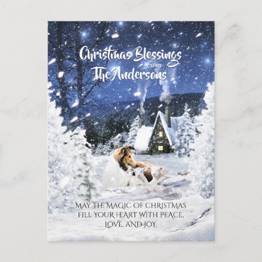 Sable Rough Collie & Lamb, Magic White Christmas - Postkarte (Vorderseite)