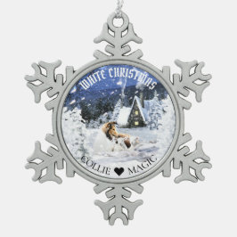Sable Rough Collie & Lambs in Magic Snowy Night - Schneeflocken Zinn-Ornament