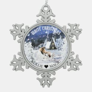 Sable Rough Collie & Lambs in Magic Snowy Night - Schneeflocken Zinn-Ornament