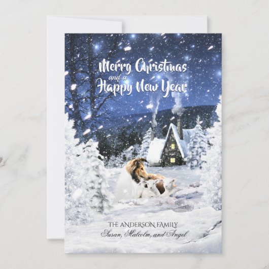 Sable Rough Collie & Lamm in Snow - Weihnachtskart (Vorderseite)