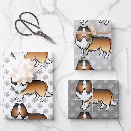 Sable Shetland Sheepdog Cartoon Dog Muster Geschenkpapier Set (Vorderseite)