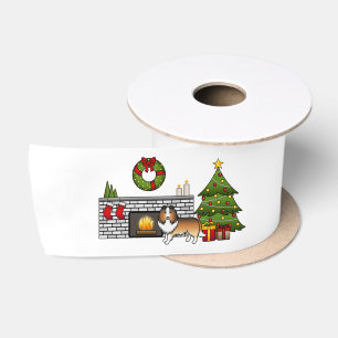 Sable Shetland Sheepdog Hund in einem Weihnachtszi Satinband