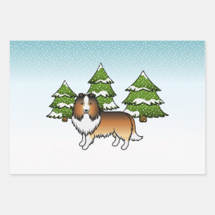 Sable Shetland Sheepdog im Winterwald Geschenkpapier Set