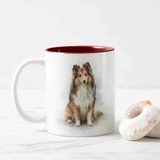 Sable Shetland Sheepdog Portrait Zweifarbige Tasse (Mit Donut)