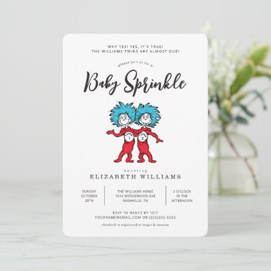 Sache eins zwei | Blue Twins Baby Sprinkle Einladung (Stehend Vorderseite)