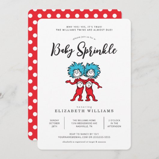 Sache eins zwei | Red Twins Baby Sprinkle Einladung (Vorne/Hinten)