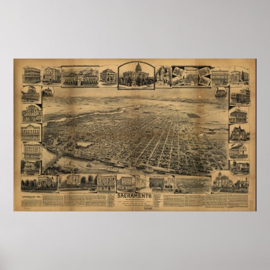 Sacramento California Antike Panoramakarte Poster (Vorne)