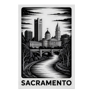Sacramento Kalifornien Skyline Schwarz Weiß Holzsc Poster