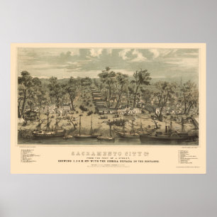 Sacramento, panoramische Karte CAs - 1850 Poster