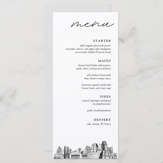 Sacramento Skyline Sketch Wedding Dinner Menu Menükarte (Vorne/Hinten)