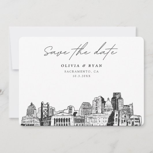 Sacramento Wedding Skyline Sketch Save the Date Einladung (Vorderseite)