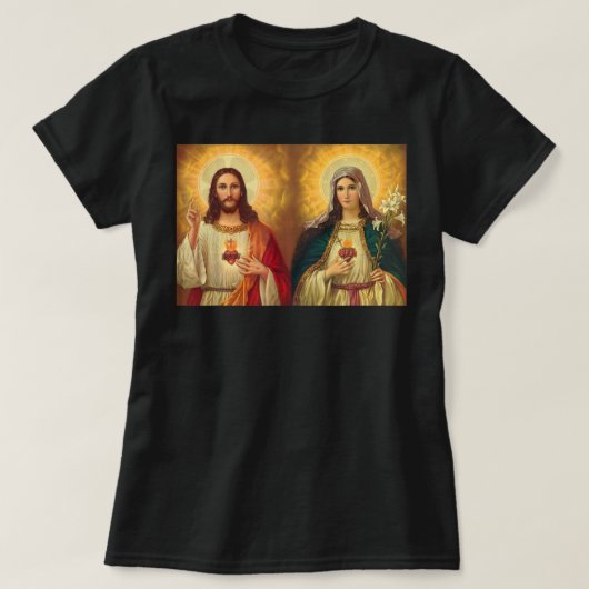 Sacred Heart and Immaculate Heart Picture Jesus an T-Shirt (Design vorne)
