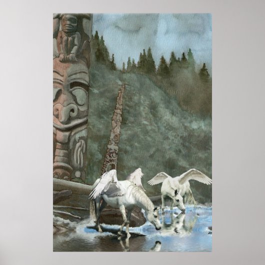 Sacred Pegasi, River and Totem Poles Fantasy Art Poster (Vorne)