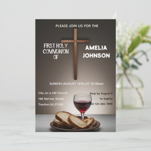 Sacred Supper First Holy Communion Invite Einladung (Stehend Vorderseite)