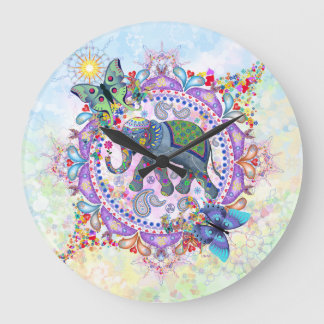 Sacred Tribal Henna Elephant große Uhr