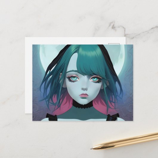 Sad Anime Woman Blue Eyes Postcard Postkarte (Vorderseite/Rückseite Beispiel)