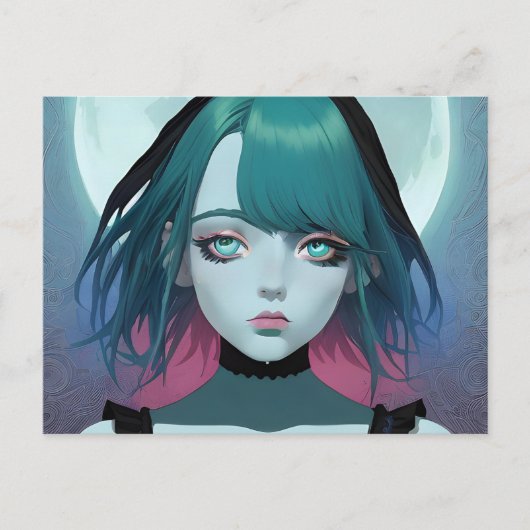 Sad Anime Woman Blue Eyes Postcard Postkarte (Vorderseite)