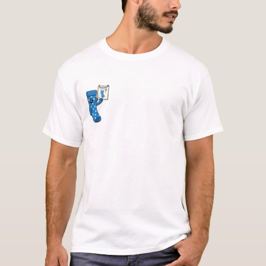 Sad Blue Polka Dot Sock Character Holding Missing T-Shirt (Vorderseite)