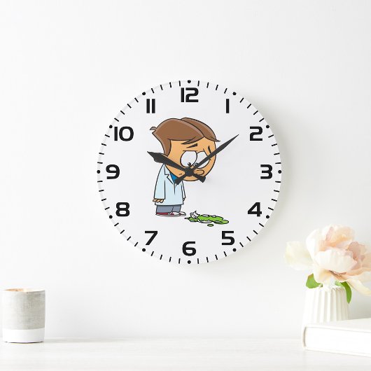 Sad Boy Scientist mit gebrochenem Experiment Große Wanduhr