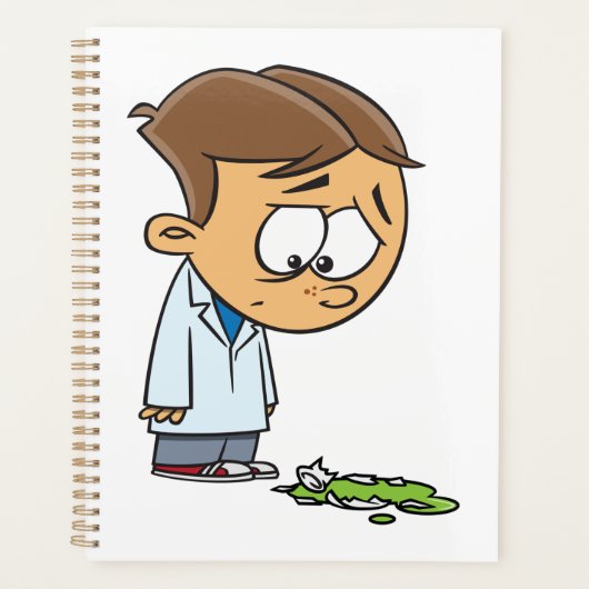Sad Boy Scientist mit gebrochenem Experiment Planer (Vorderseite)