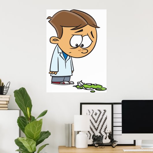Sad Boy Scientist mit gebrochenem Experiment Poster (Heimbüro)