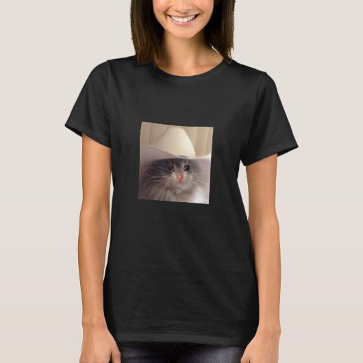 Sad Cat Cowboy Hat Meme Funny Internet Viral Joke T-Shirt (Vorderseite)