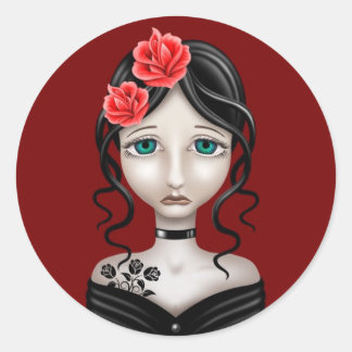 Sad Girl mit Rote Rosen Runder Aufkleber
