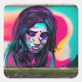 Sad Graffiti Girl | Farbenfrohe Street Art Quadratischer Aufkleber