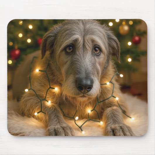 Sad Irish Wolfhound Tangled In Holiday Lights Mousepad (Vorne)