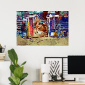 Saddle Bronc Breaking Out of Rodeo Chute w Cowboy Poster (Heimbüro)