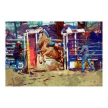 Saddle Bronc Breaking Out of Rodeo Chute w Cowboy