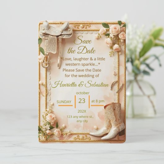 Saddle & Sparkle - Western Wedding Save the Date C (Stehend Vorderseite)