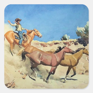 "Saddle Stock" Westliche Kunst von Maynard Dixon Quadratischer Aufkleber