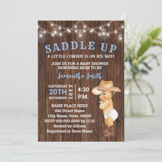Saddle Up a Little Cowboy ist seine Way Baby Dusch Einladung (Stehend Vorderseite)