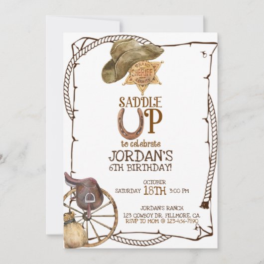 SADDLE UP, COWBOY PARTY, BOY GEBURTSTAG, WESTERN ANKÜNDIGUNG (Vorderseite)