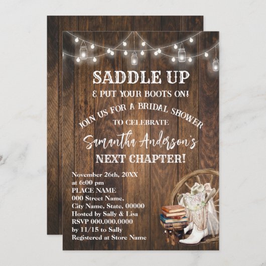 Saddle Up Put Your Boots & Books Bridal Shower Einladung (Vorne/Hinten)