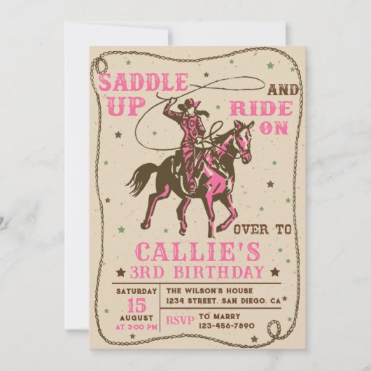 Saddle Up Rodeo Western Cowgirl Birthday Party Einladung (Vorderseite)