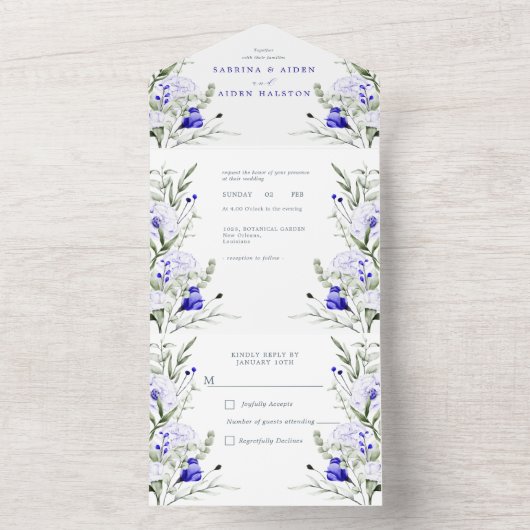 Sade Royal Blue Elfenbeinblütenhochzeit All In One Einladung (Innen Boden)