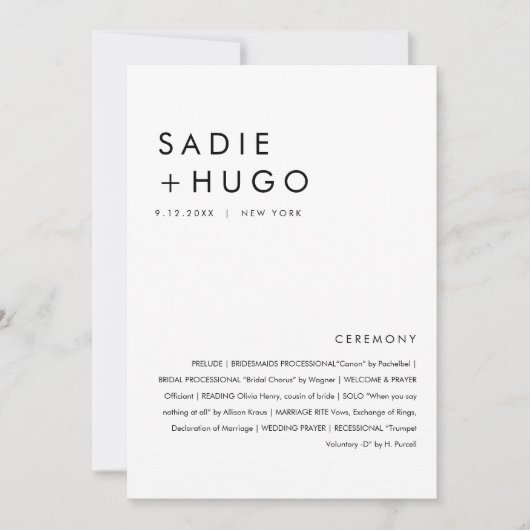 SADIE Modern Minimal Wedding Program 12x18 Flat Ca Einladung (Vorderseite)